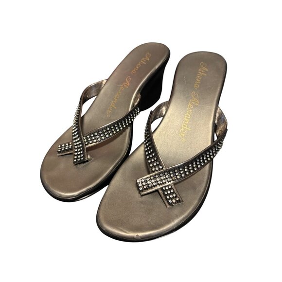 Athena Alexander Roxi Thong Wedge Sandals Pewter Sz 9.5 Rhinestone Embellished - Picture 1 of 12
